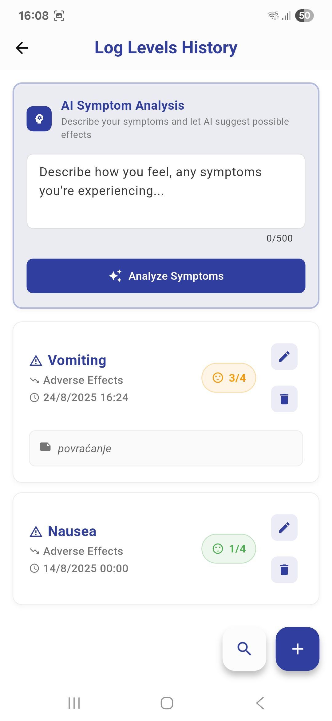 Symptom Log Screen
